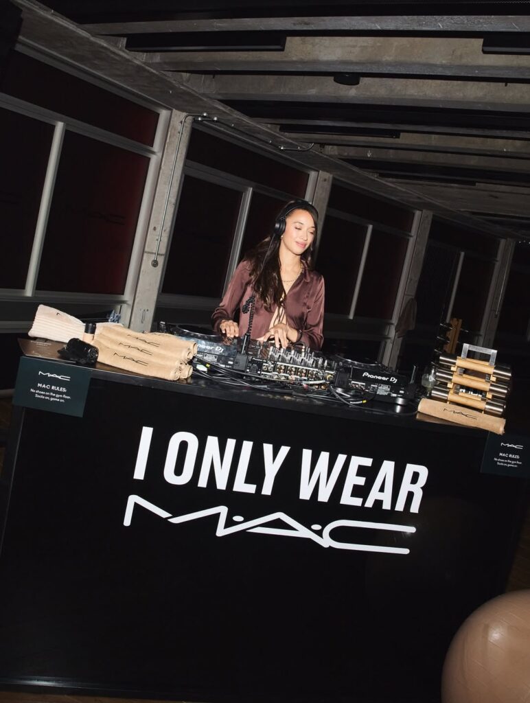 MAC Cosmetics Studio Fix Foundation event with Paragon Studio fitness equipment, showing the Pilates hand weights set