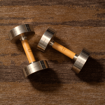 Pair of stainless steel and oak dumbbells