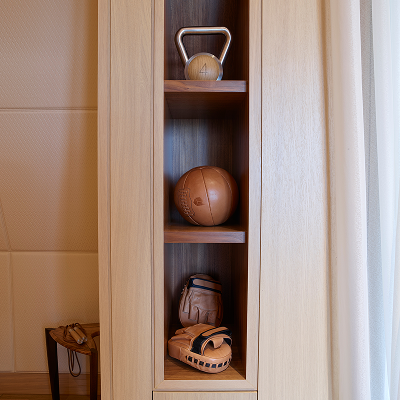 Leather gym accessories on shelves