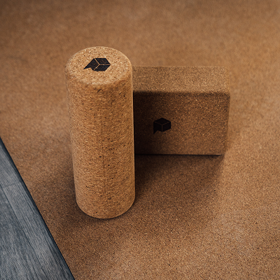 Cork yoga mat, roller and block